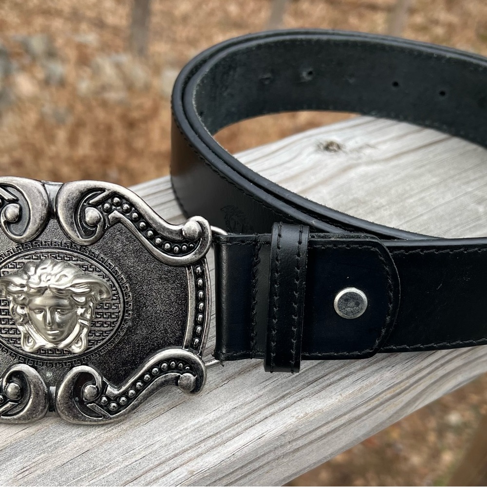 Versace Black Leather Belt with Silver Medusa Buckle